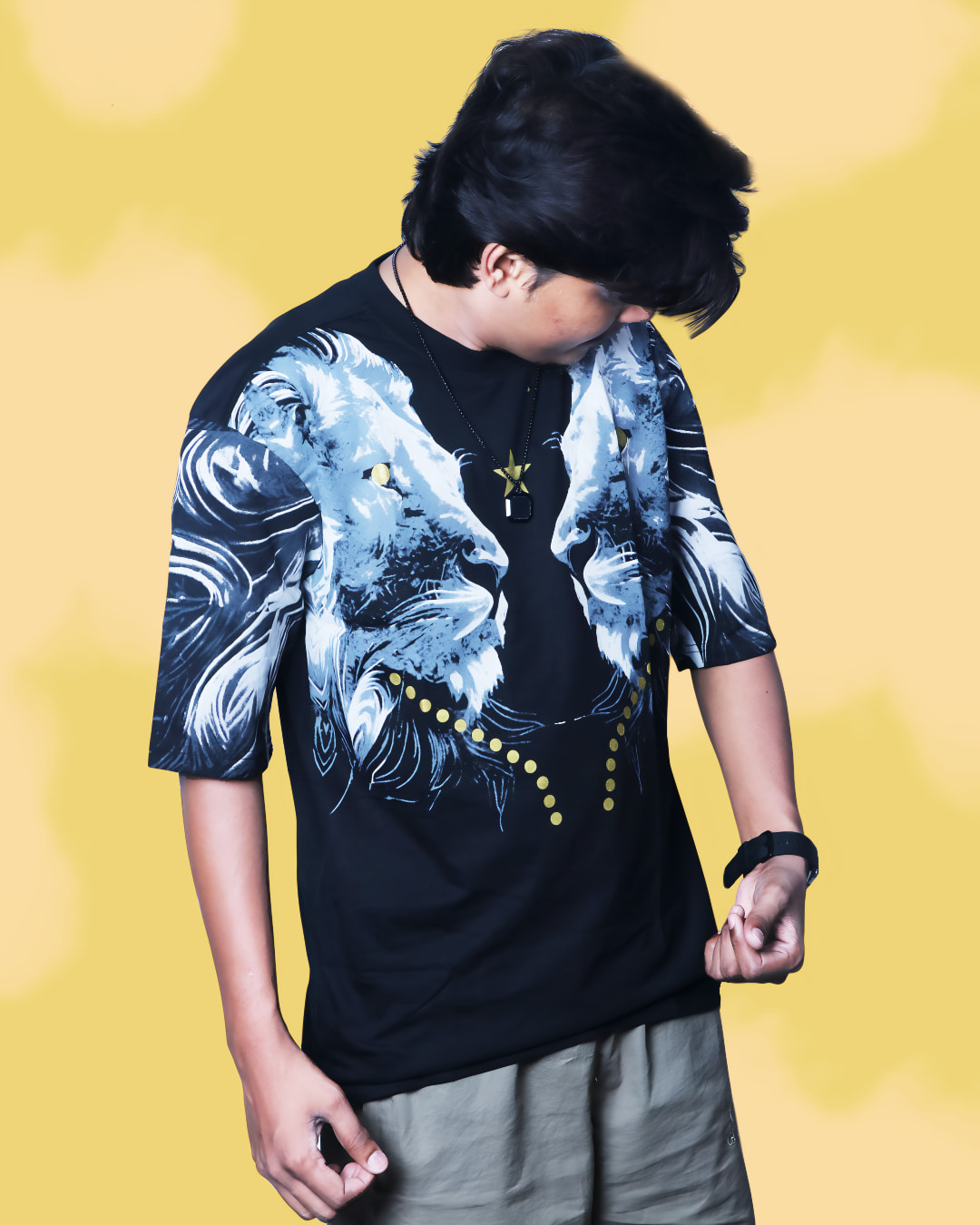 Tiger Print Black T-Shirt for Men – Oversized Cotton Back Print