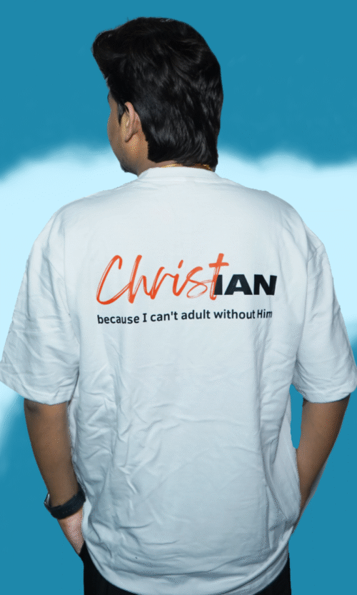 White Christian Quote T-Shirt with “I can’t adult without Him” back print, made of premium French Terry fabric – Sizes M, L, XL