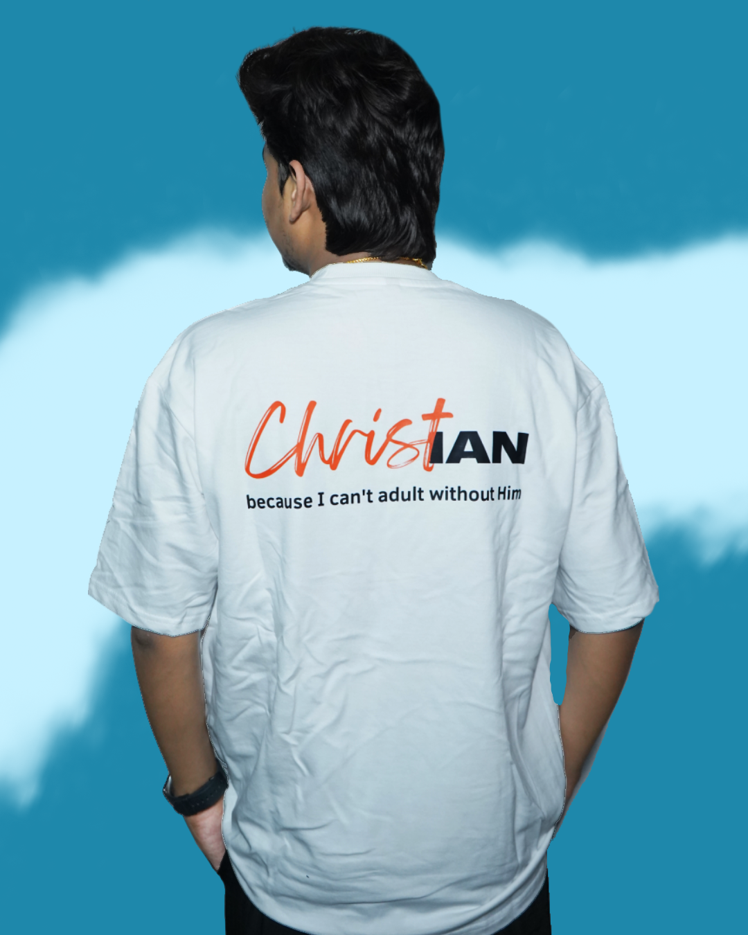 White Christian Quote T-Shirt with “I can’t adult without Him” back print, made of premium French Terry fabric – Sizes M, L, XL