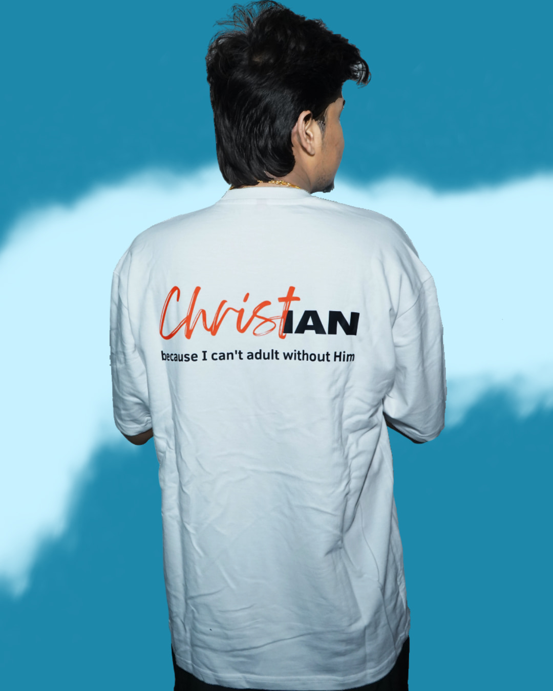 White Christian Quote T-Shirt with “I can’t adult without Him” back print, made of premium French Terry fabric – Sizes M, L, XL