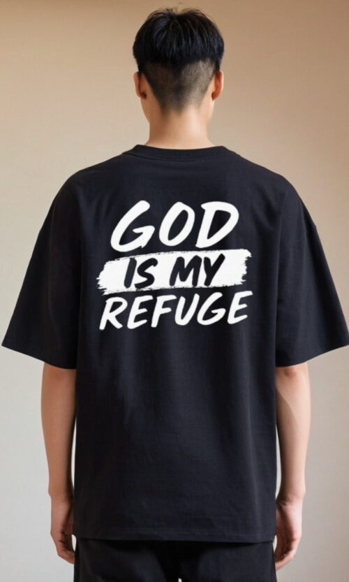 God Is My Refuge T-Shirt in Black – Christian Bible Verse Tee for Boys and Girls in M, L, XL Sizes
