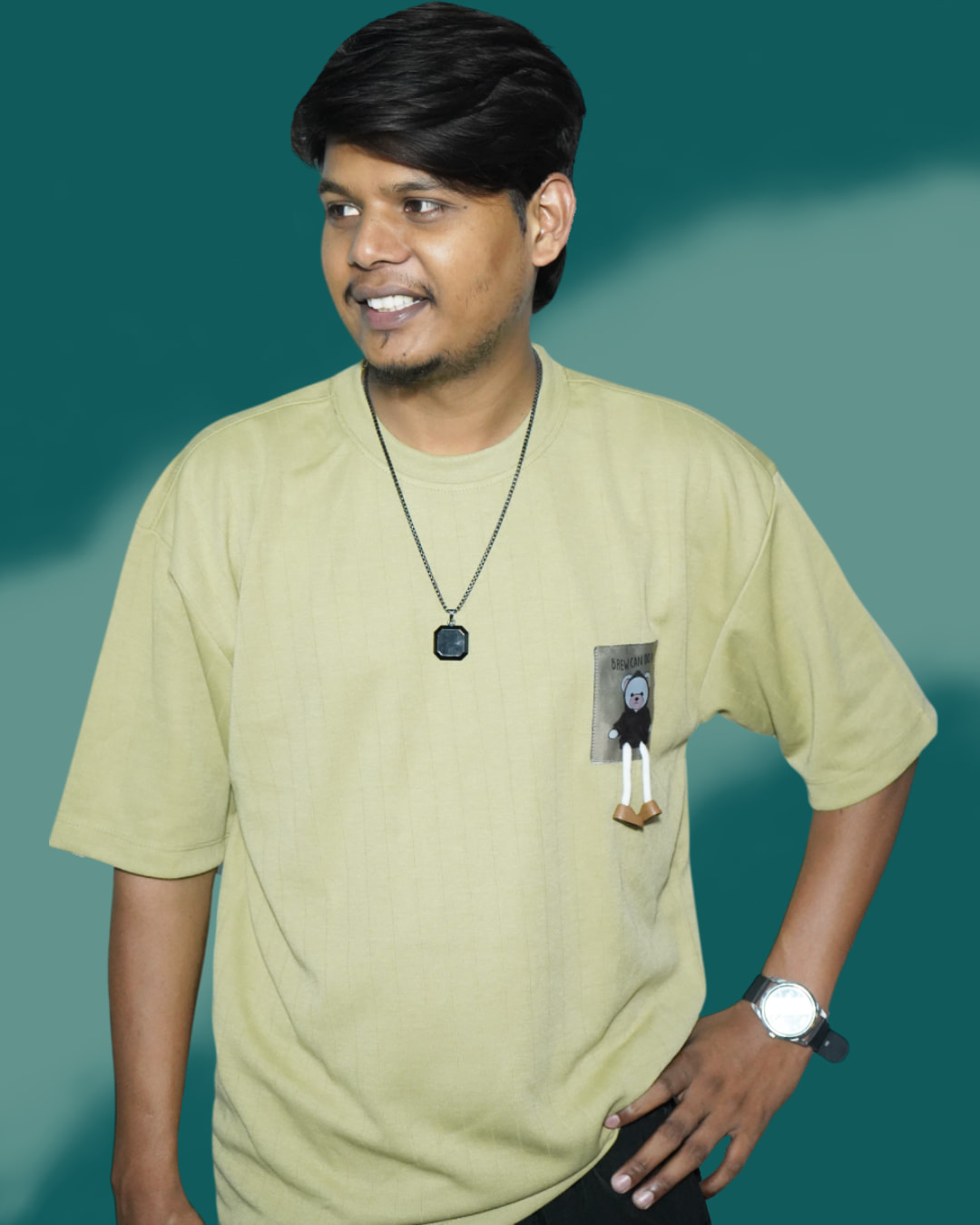 Pistachio Green Oversized T-Shirt with Teddy Patch Design – Unisex Casual Wear